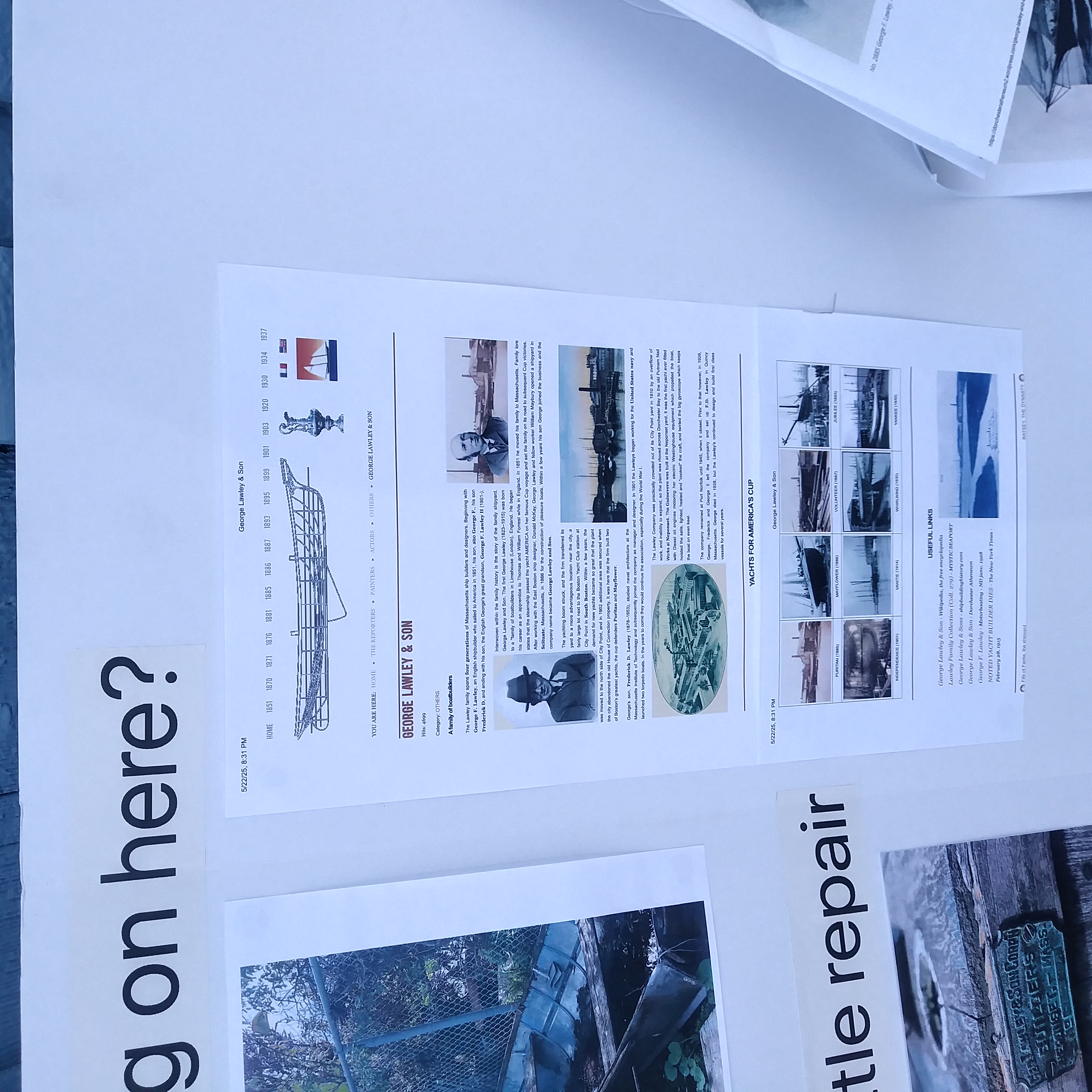 Part of a poster sumarrizing the history of the Lawley & Son boat and incentives for repair by SBYC member and boat expert Kelly Moyers